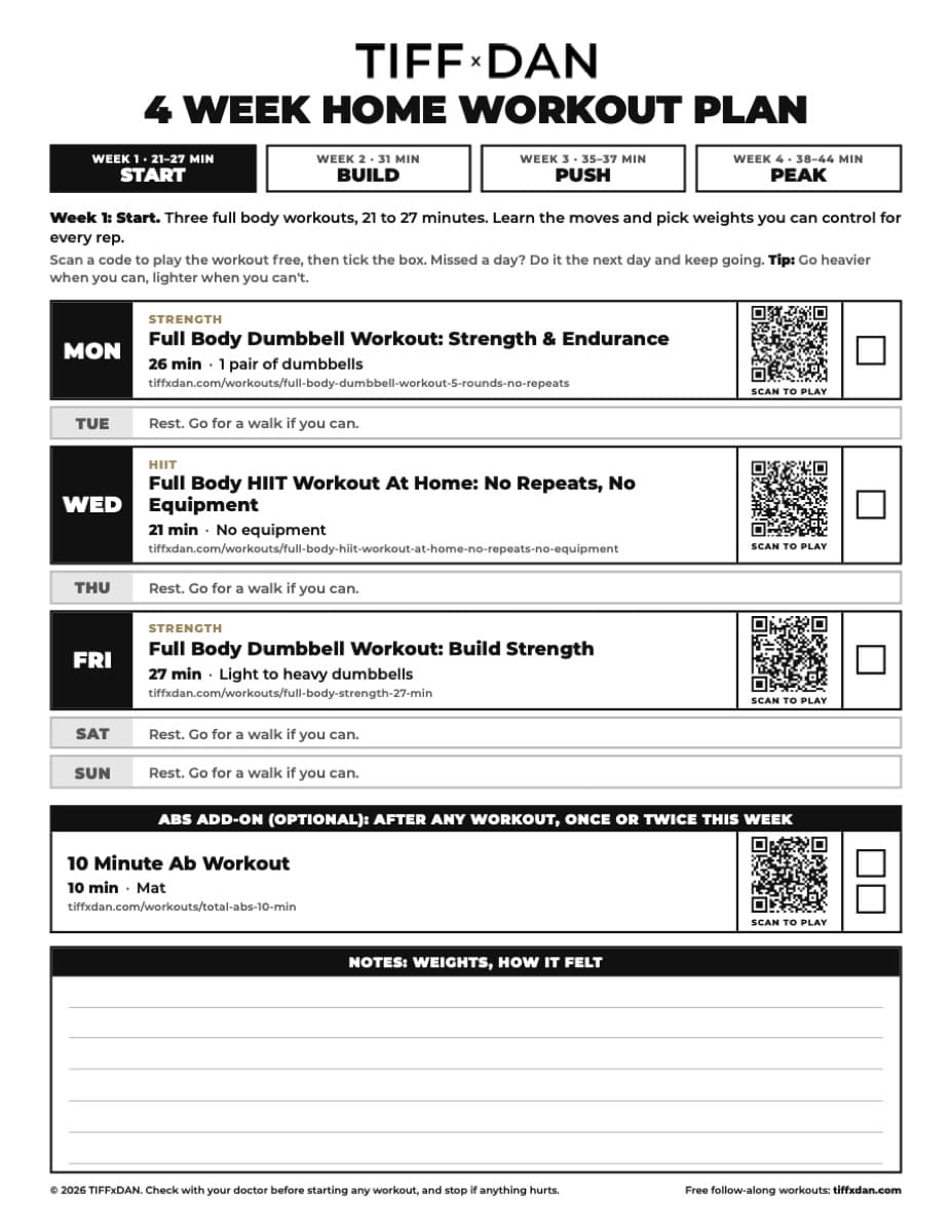 Week 1 of the printable 4 week home workout plan
