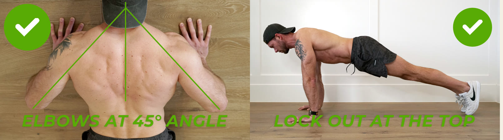 Good push up form: elbows back at about 45 degrees, and arms locked out at the top