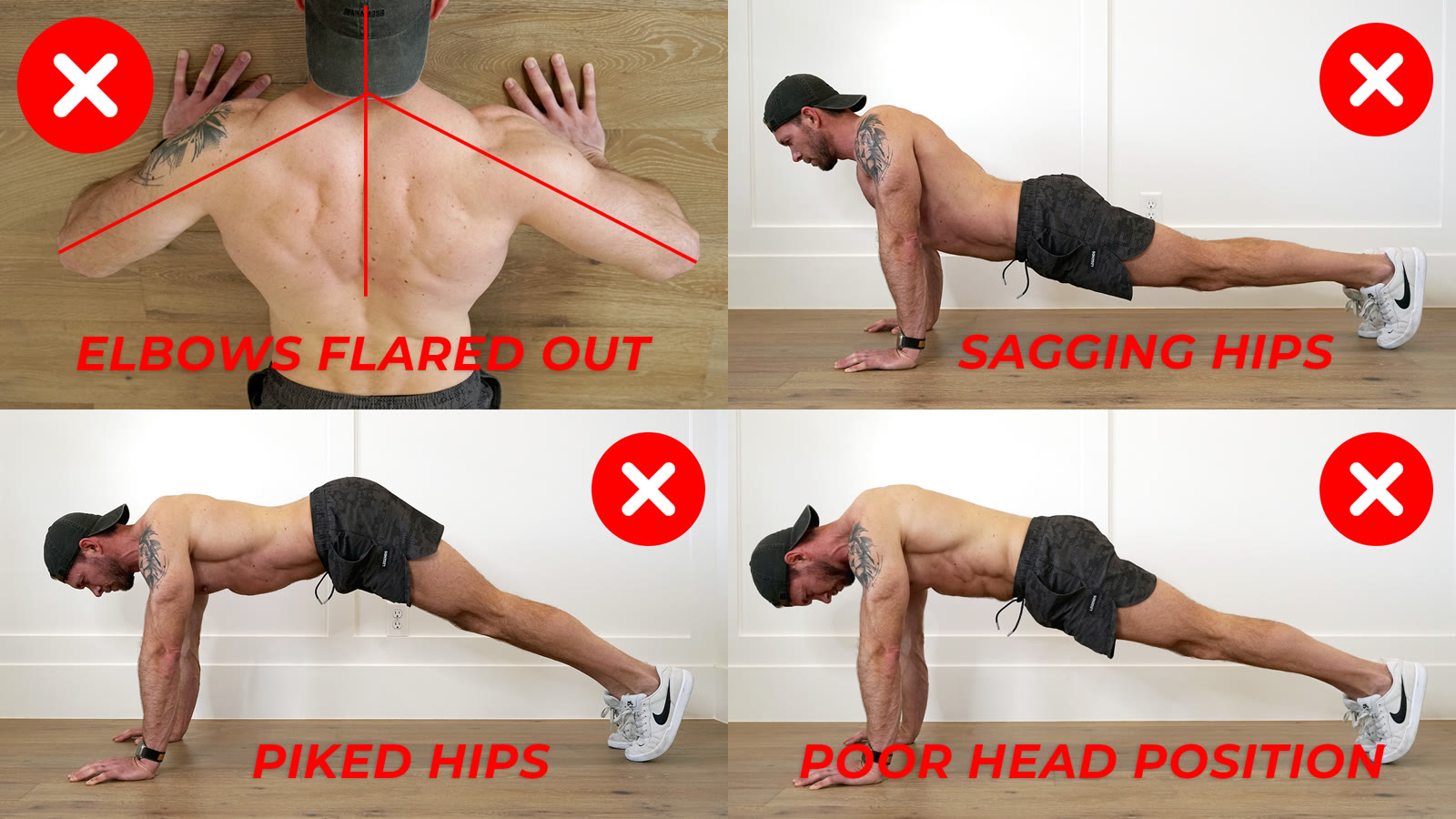 Common push up mistakes: flared elbows, sagging hips, hips in the air, and the head dropping first